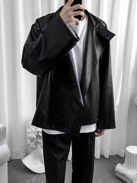 「韓国好きな人と繋がりたい」｜「アイテム（ライダースジャケット）」を使った、BUDZ ONLINE SHOPさん（メンズ・172cm）の冬コーディネート