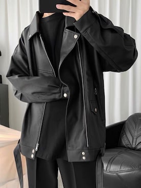 「オルチャンファッション」｜「アイテム（ライダースジャケット）」を使った、BUDZ ONLINE SHOPさん（メンズ・178cm）の冬コーディネート