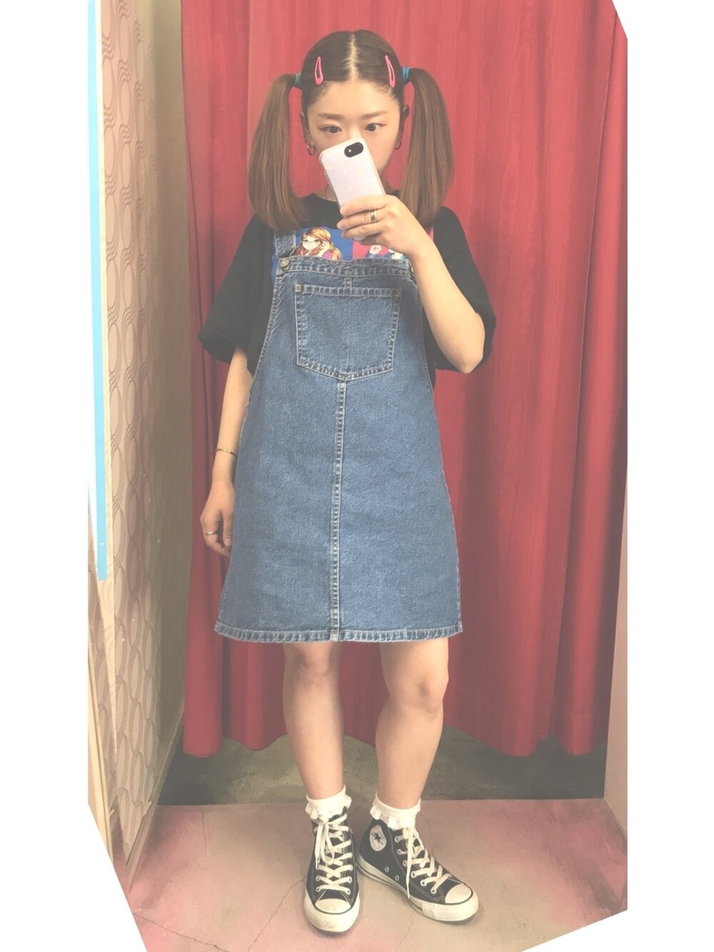 「ちーふく、原宿、古着、コンバース」｜「Bershkaのアイテム（サロペット/オーバーオール、ブルー系）」を使った、chiiibiさん（レディース・148cm）の夏コーディネートの1枚目の写真