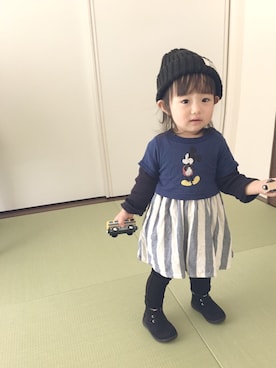 「西松屋（ニシマツヤ）のアイテム（帽子、ブラック系）」を使った、KaNyaDeʕ·͡ˑ·ཻʔさん（キッズ・140cm）の春コーディネート