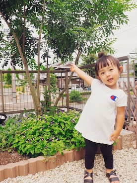 「Champion（チャンピオン）のアイテム（Tシャツ/カットソー、ホワイト系）」を使った、KaNyaDeʕ·͡ˑ·ཻʔさん（キッズ・140cm）の夏コーディネート