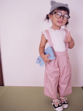 「petit main（プティマイン）のアイテム（帽子、グレー系）」を使った、KaNyaDeʕ·͡ˑ·ཻʔさん（キッズ・140cm）の夏コーディネート