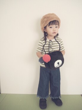 「petit main（プティマイン）のアイテム（帽子、ブラウン系）」を使った、KaNyaDeʕ·͡ˑ·ཻʔさん（キッズ・140cm）の秋コーディネート