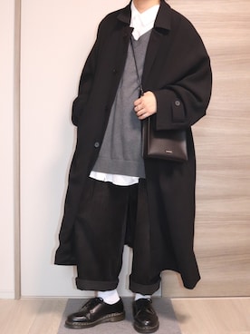「act'm（アクトム）のアイテム（ステンカラーコート）」を使った、むっくさん（メンズ・160cm）の冬コーディネート