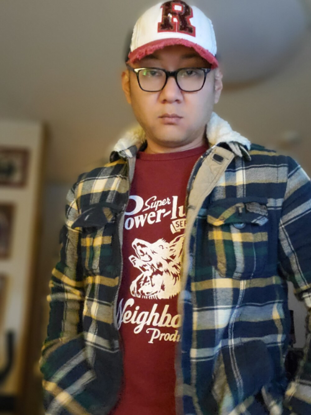 「アメカジ、海」｜「NEIGHBORHOODのアイテム（Tシャツ/カットソー、レッド系）」を使った、snakeさん（メンズ・176cm）の冬コーディネートの1枚目の写真
