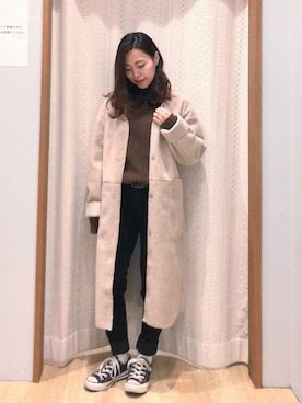 「earth music&ecology（アースミュージックアンドエコロジー）のアイテム（ムートンコート）」を使った、mikiさん（レディース・150cm）の冬コーディネート