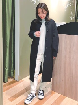 「Green　Parks（グリーンパークス）のアイテム（ノーカラーコート）」を使った、mikiさん（レディース・150cm）の冬コーディネート