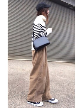 「MERLOT（メルロー）のコーデュロイタックワイドパンツ1885（その他パンツ）」を使った、YOSSYさん（レディース・165cm）の秋コーディネート
