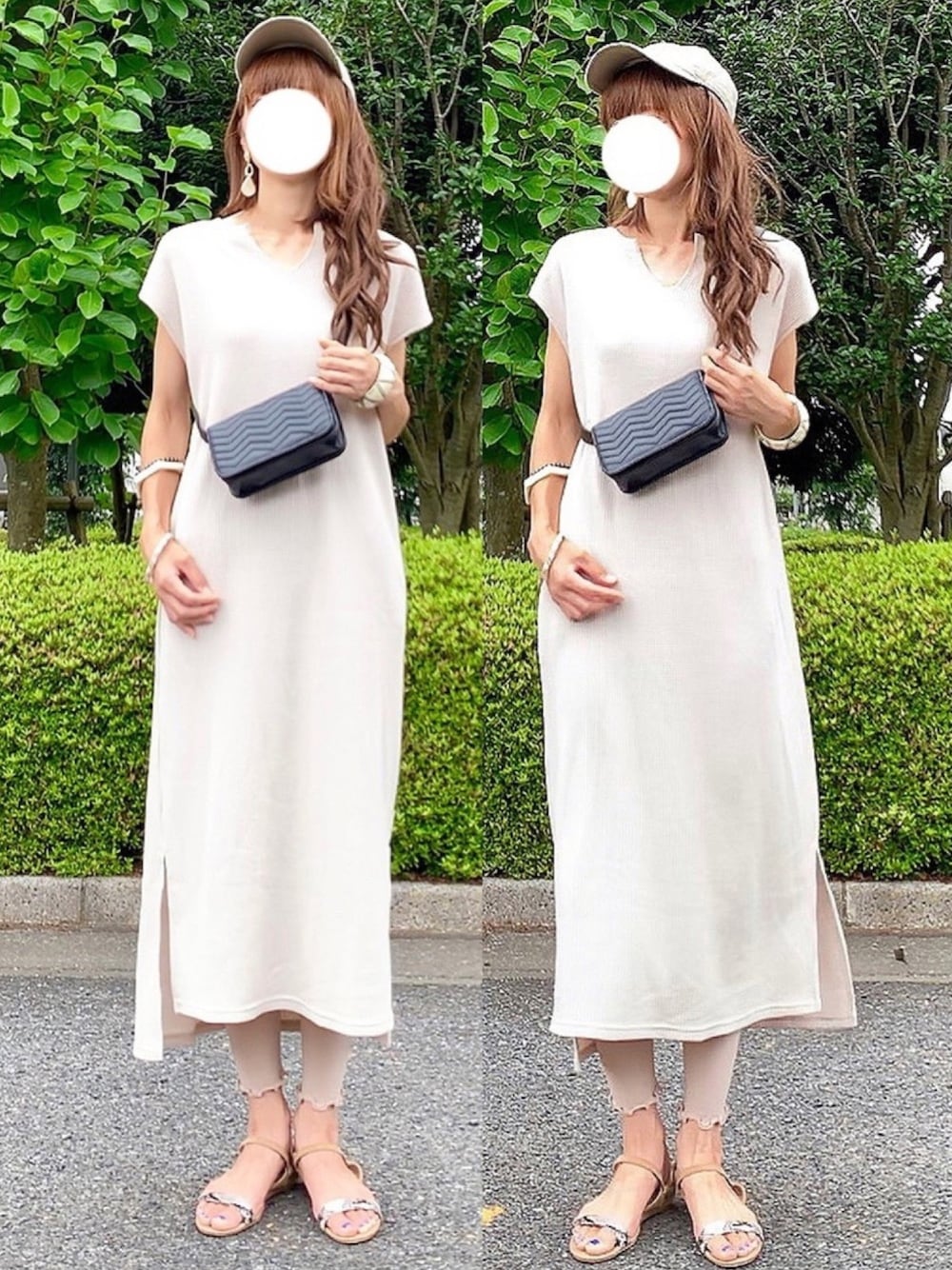 「オトナ女子、夏コーデ、ベージュ、ワントーンコーデ、ママコーデ、サーマルワンピ、しまむら、GU」｜「Chaco closetのポケット付き サーマル スキッパー スリットロングワンピース（ワンピース、ベージュ系）」を使った、YOSSYさん（レディース・165cm）の夏コーディネートの1枚目の写真