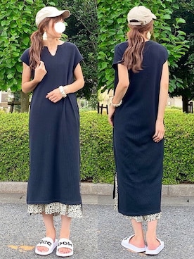 「Chaco closet（チャコ クローゼット）のアソートプリーツ Aラインウエストゴムロングスカート[チェック 小花柄 ダルメシアン コーデュロイ サテン シアー 無地]（スカート）」を使った、YOSSYさん（レディース・165cm）の夏コーディネート