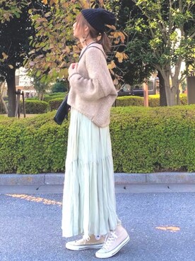 「シースルー」｜「アイテム（ニットキャップ/ビーニー）」を使った、YOSSYさん（レディース・165cm）の冬コーディネート