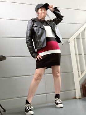 「部屋撮り」｜「アイテム（ライダースジャケット）」を使った、ゆこねぇさん（レディース・151cm）の春コーディネート