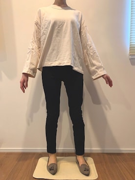 「UNIQLO（ユニクロ）のコットンオーバーサイズワイドスリーブT（長袖）（Tシャツ/カットソー、ベージュ系）」を使った、nappinapiyoさん（レディース・158cm）の夏コーディネート