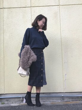 「ネイビーコーデ」｜「アイテム（ノーカラージャケット）」を使った、Rina Chishimaさん（レディース・157cm）の秋コーディネート