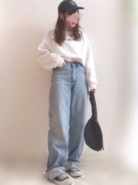 「UNIQLO（ユニクロ）のハイライズワイドストレートジーンズ（デニムパンツ）」を使った、☆FAIRY☆さん（レディース・155cm）の春コーディネート