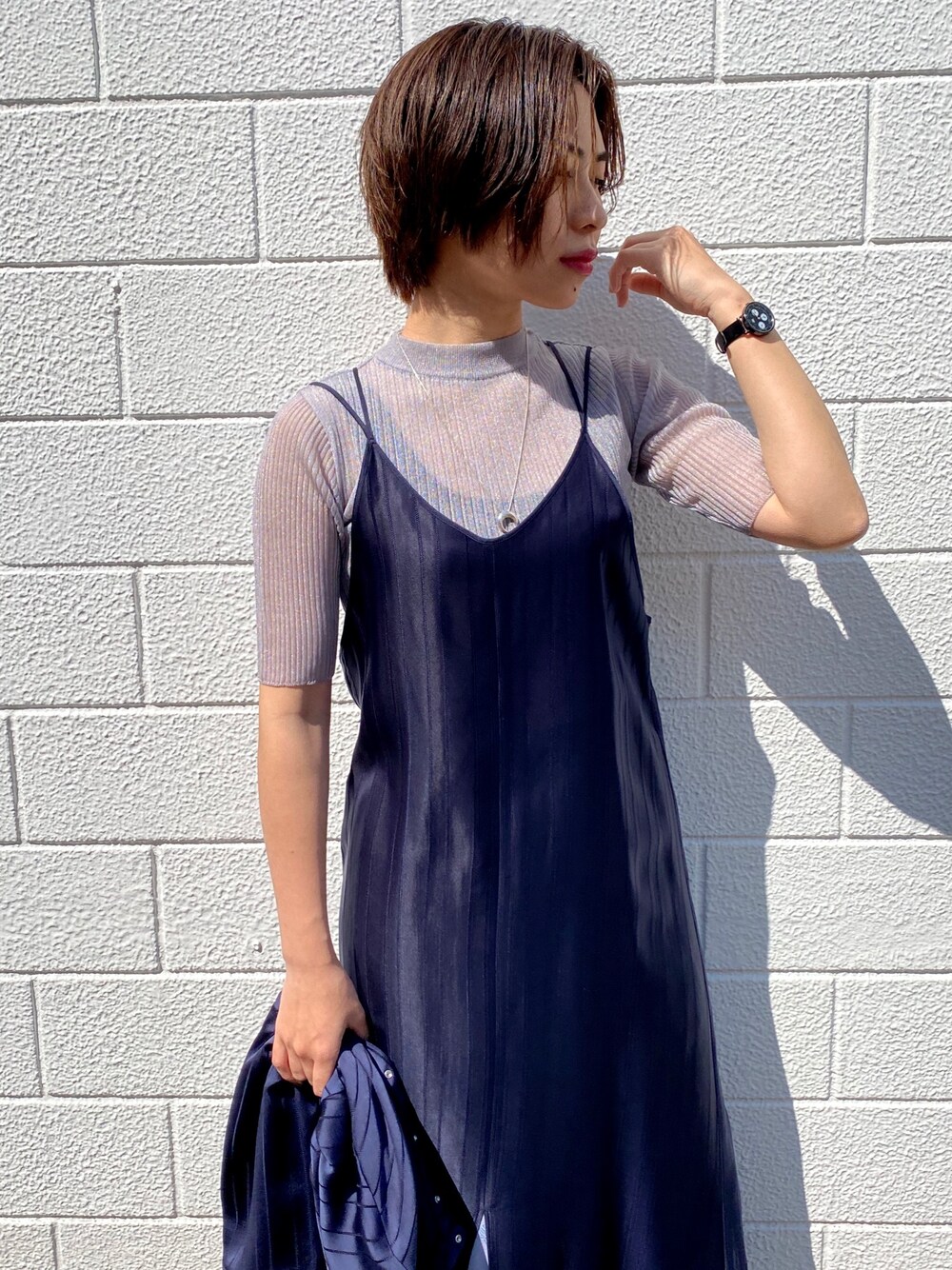 「シンプル、カジュアル、大人コーデ、ootd、キャミワンピ、ワンピース、シースルー、着回しコーデ、いいね、save、フォローお願いします🤑」｜「PUBLIC TOKYOのアイレットサテンキャミワンピース（ワンピース、ブルー系）」を使った、tomiさん（レディース・160cm）の春コーディネートの1枚目の写真