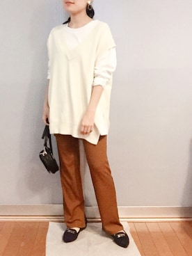 「リブスリットストレートパンツ」｜Mioさん（レディース・151cm）の春コーディネート