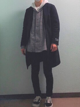 「JUNRED（ジュンレッド）のアイテム（チェスターコート）」を使った、田中太郎さん（メンズ・173cm）の冬コーディネート