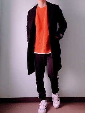 「JUNRED（ジュンレッド）のアイテム（チェスターコート）」を使った、田中太郎さん（メンズ・173cm）の冬コーディネート