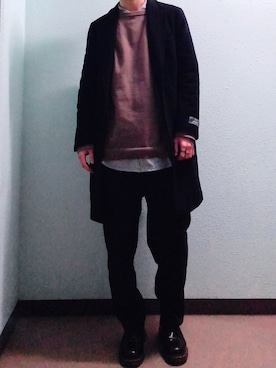 「JUNRED（ジュンレッド）のアイテム（チェスターコート）」を使った、田中太郎さん（メンズ・173cm）の冬コーディネート