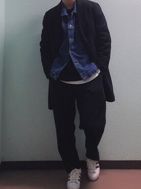 「JUNRED（ジュンレッド）のアイテム（チェスターコート）」を使った、田中太郎さん（メンズ・173cm）の冬コーディネート