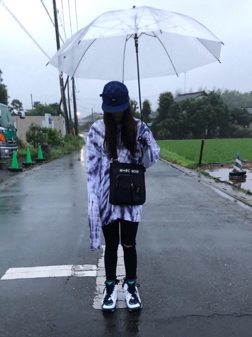 「stussy、HUF、NIKE、maestro2ltd、MRCNOIR、雨の日コーデ」｜「STUSSYのアイテム（キャップ、ブルー系）」を使った、⋆Azureさん（レディース・156cm）の夏コーディネートの1枚目の写真