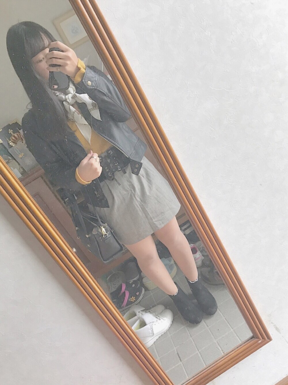 「秋服、おしゃれさんと繋がりたい、まだまだ初心者、l4l」｜「tiptopのアイテム（ライダースジャケット、ブラック系）」を使った、gyu🐰さん（レディース・157cm）の秋コーディネートの1枚目の写真