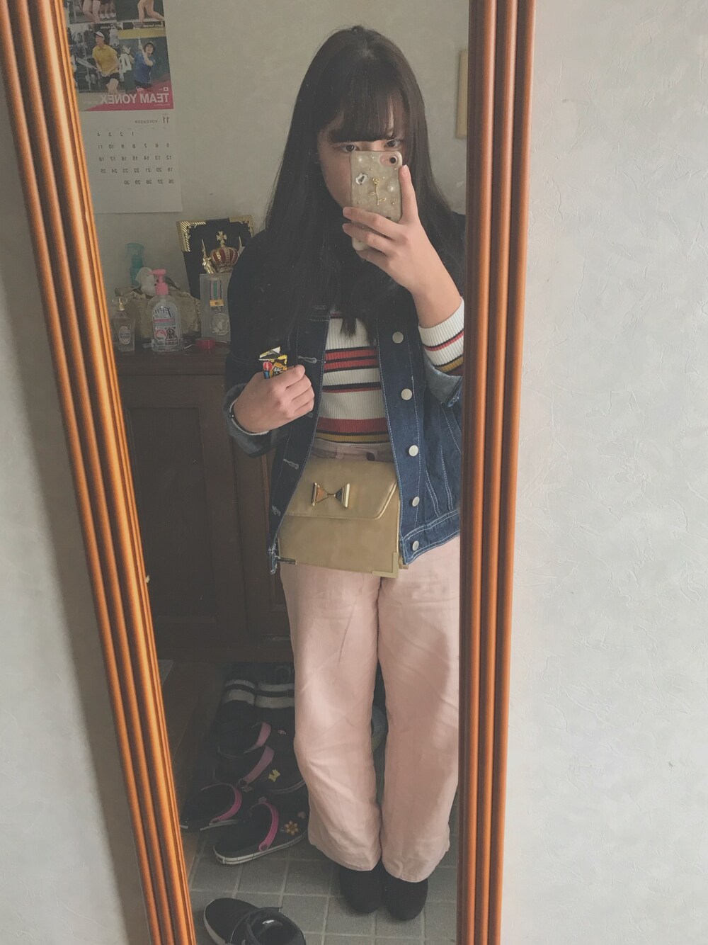 「dazzlinのデニムワイドパンツ（デニムパンツ、ピンク系）」を使った、gyu🐰さん（レディース・157cm）の春コーディネートの1枚目の写真