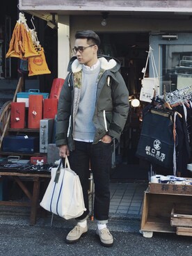 「khaki」｜「アイテム（ダウンジャケット/コート）」を使った、boteさん（メンズ・168cm）の冬コーディネート