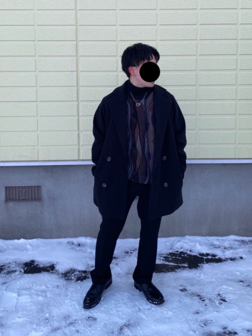 「今日のコーデ、おしゃれさんと繋がりたい、低身長コーデ、古着、コート、タートルネック、いいね、save、フォローお願いします🤑、低身長、古着好きな人と繋がりたい、冬コーデ」｜「REGALのアイテム（ブーツ、ブラック系）」を使った、かーさん（メンズ・158cm）の冬コーディネートの1枚目の写真