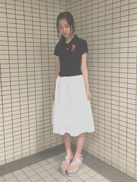 「USPOLOのアイテム（ポロシャツ、ブラック系）」を使った、さくらこ。さん（レディース・158cm）の夏コーディネート