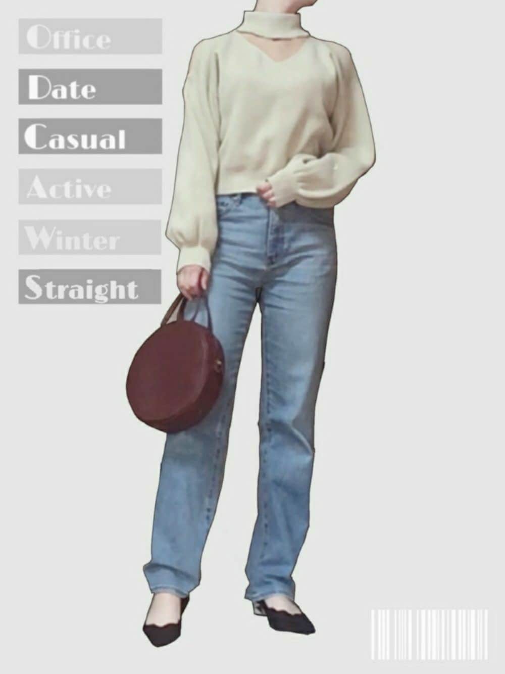 ホワイト系のニット/セーター、レッド系のショルダーバッグ、ブルー系のデニムパンツを着用したレディースの春コーディネートの1枚目の写真