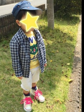 「MIKI HOUSE（ミキハウス）のアイテム（キャップ）」を使った、たろうtoじろうさん（キッズ・90cm）の春コーディネート