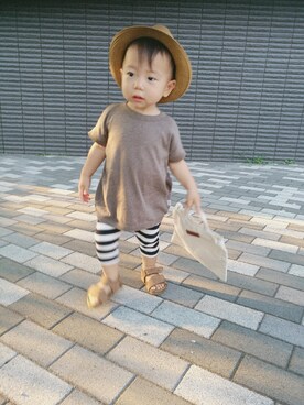 「麦わら帽子」｜「アイテム（ニットキャップ/ビーニー）」を使った、SSKKNTさん（キッズ・80cm）の夏コーディネート