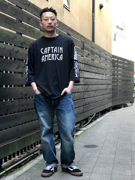 「schott（ショット）のSchott/ショット/13oz. JEANS MEDIUM FIT/13オンス　ジーンス　ミディアム　フィット（デニムパンツ）」を使った、Tomoya  Miuraさん（メンズ・169cm）の春コーディネート