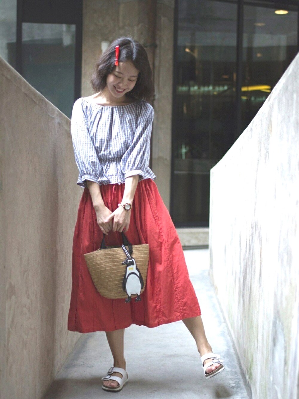 「夏、ootd、who's who chico、coordinate」｜「Samansa Mos2のアイテム（スカート、レッド系）」を使った、AmberRUANさん（レディース・161cm）の夏コーディネートの1枚目の写真