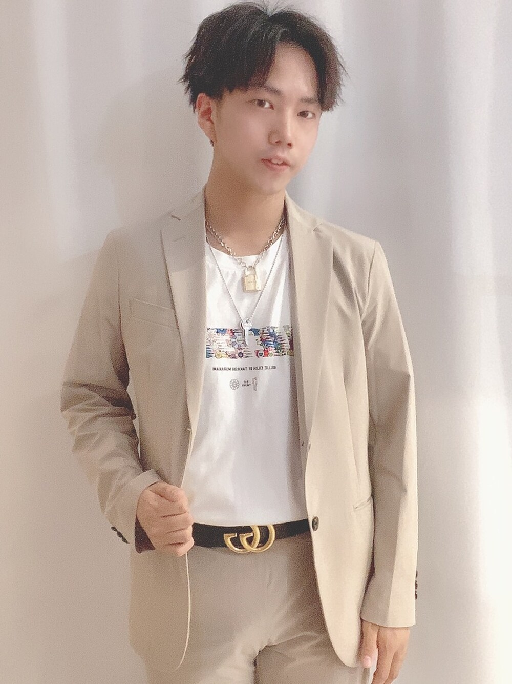 「GU、GUCCI、UNIQLO、カイカイキキ、WEGO、Tシャツ、ゆるコーデ、シンプルコーデ、お洒落さんとつながりたい、ootd」｜「GUCCIのGucci - ダブルg ベルト - men - レザー/metal - 85（ベルト、ブラック系）」を使った、そーまさん（メンズ・170cm）の夏コーディネートの1枚目の写真