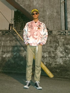 「アイテム（スタジャン、ピンク系）」を使った、kiyoshiさん（メンズ・171cm）の冬コーディネート
