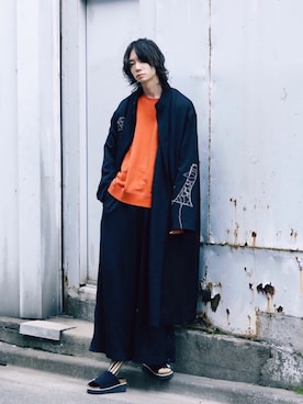 「Yohji Yamamoto（ヨウジヤマモト）のアイテム（ステンカラーコート）」を使った、sato_shunさん（メンズ・178cm）の冬コーディネート