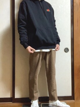 「H&M（エイチ・アンド・エム）のアイテム（パーカー）」を使った、kaiさん（メンズ・166cm）の冬コーディネート