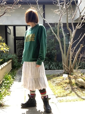 「ひざ丈スカート」｜「アイテム（スウェット）」を使った、ぽん。さん（レディース・159cm）の春コーディネート