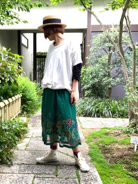 「ひざ丈スカート」｜「アイテム（帽子）」を使った、ぽん。さん（レディース・159cm）の春コーディネート