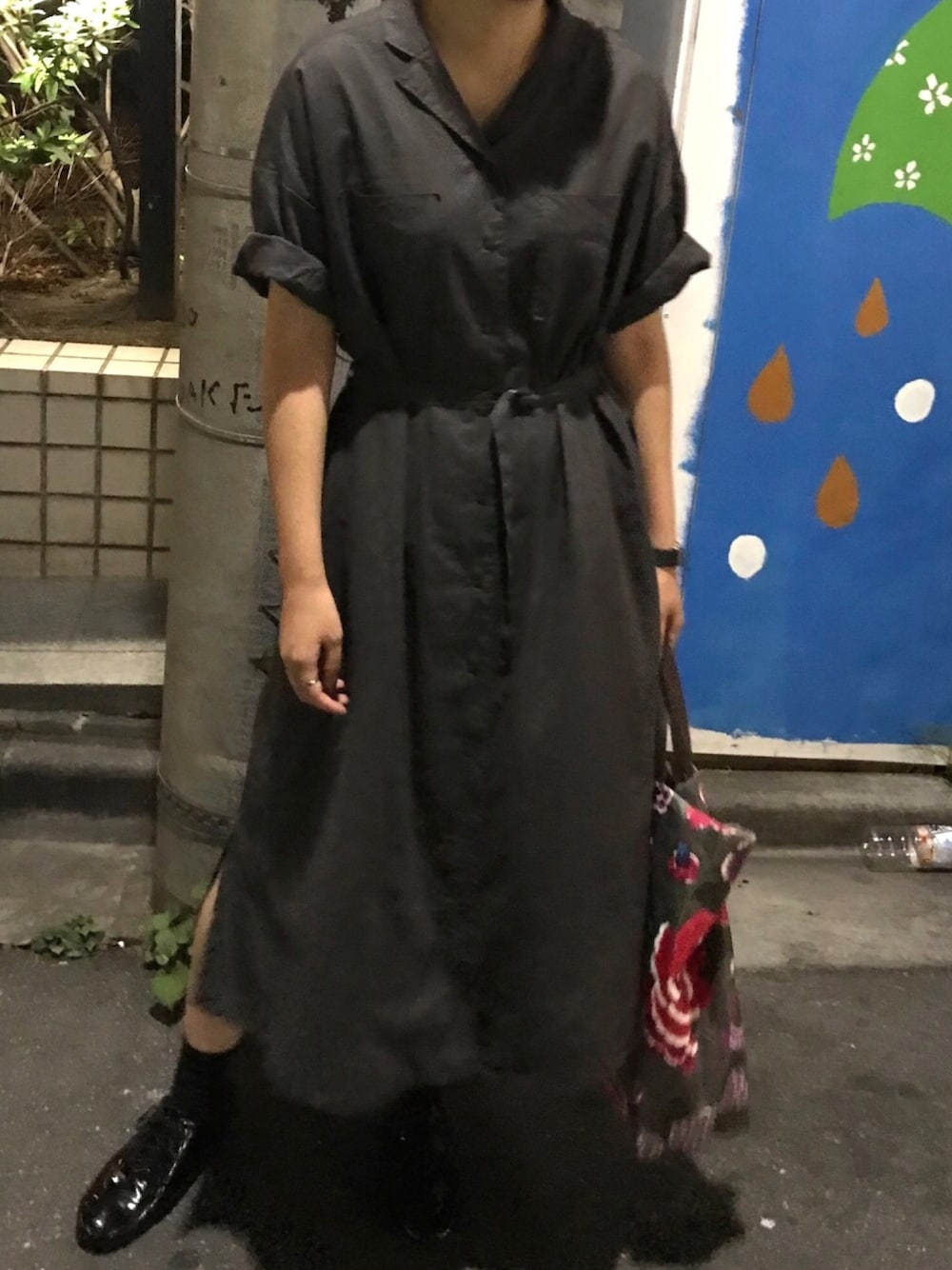 「summer、ワンピース、black、ウエストマーク、note et silence」｜「EbonyivoryのBigサラサプリント　トートBAG（トートバッグ、その他）」を使った、Sayaさん（レディース・161cm）の夏コーディネートの1枚目の写真
