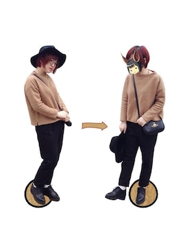 「SLY（スライ）のWIDE BRIM WOOL HAT（キャップ、ブラック系）」を使った、SONGSHUYAさん（レディース・158cm）の春コーディネート