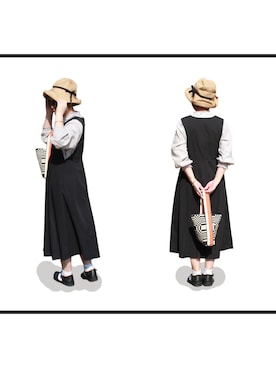 「麦わら帽子」｜「アイテム（ジャンパースカート）」を使った、SONGSHUYAさん（レディース・158cm）の春コーディネート