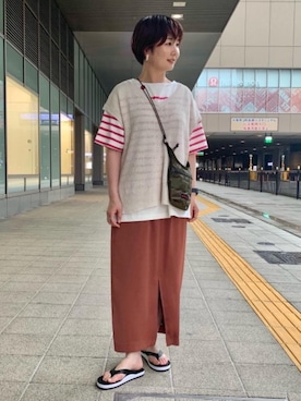 「green label relaxing（グリーンレーベルリラクシング）のFFC サテン ヨウリュウ Iライン スカート（スカート、ブラウン系）」を使った、taniguchi6879さん（レディース・159cm）の夏コーディネート
