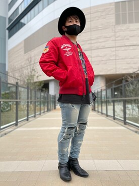 「ハット」｜「アイテム（MA-1）」を使った、RYOさん（メンズ・170cm）の春コーディネート
