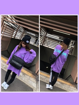 「パープル×黒」｜「アイテム（帽子）」を使った、nさん（レディース・159cm）の秋コーディネート