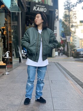 「AVIREX（アヴィレックス）のアイテム（MA-1）」を使った、Miyuさん（レディース・154cm）の冬コーディネート
