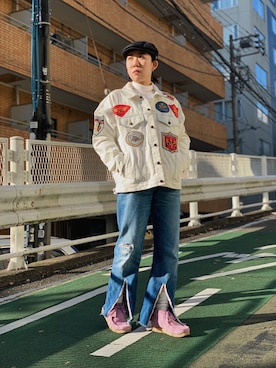 「ハンチング」｜「アイテム（デニムジャケット）」を使った、Miyuさん（レディース・154cm）の冬コーディネート